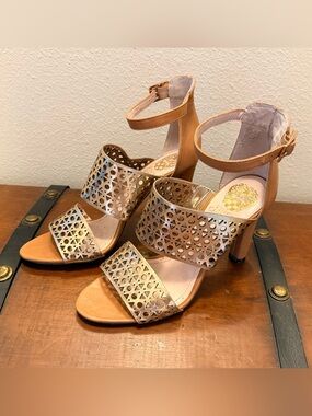 Vince Camuto Gold Laser-Cut Ankle-Strap Heels